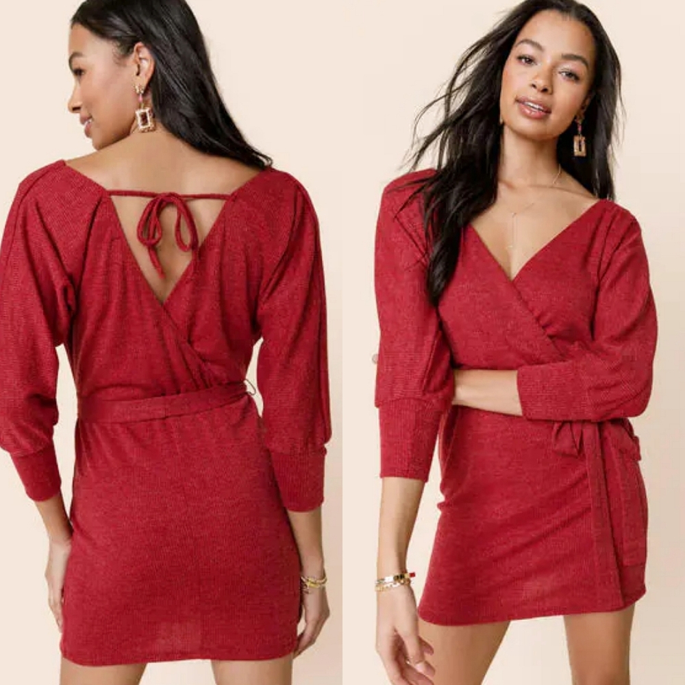 FRANCESCA'S COLLECTIONS Pauletta Red Open Back Wrap Sweater Dress Size Medium
